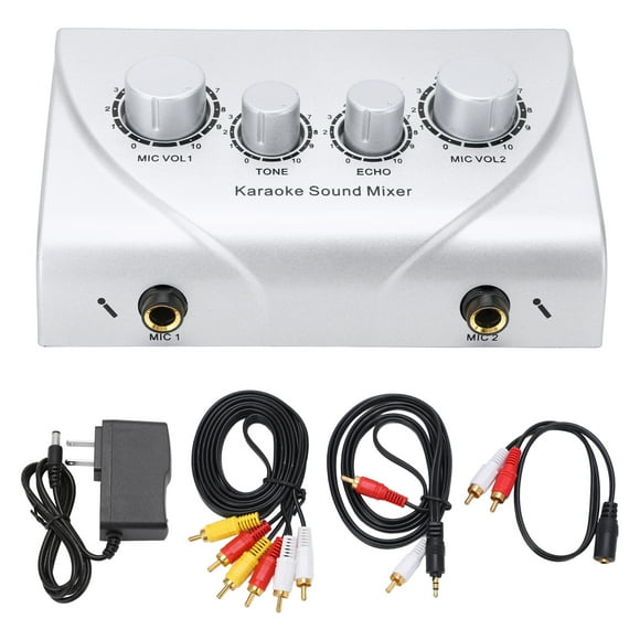 Sound Mixer, Dual Mic Input Adjustable Reverb Delay Stereo Mixer Controller 110-240V Small With Plug Connection Wire For Home Silver