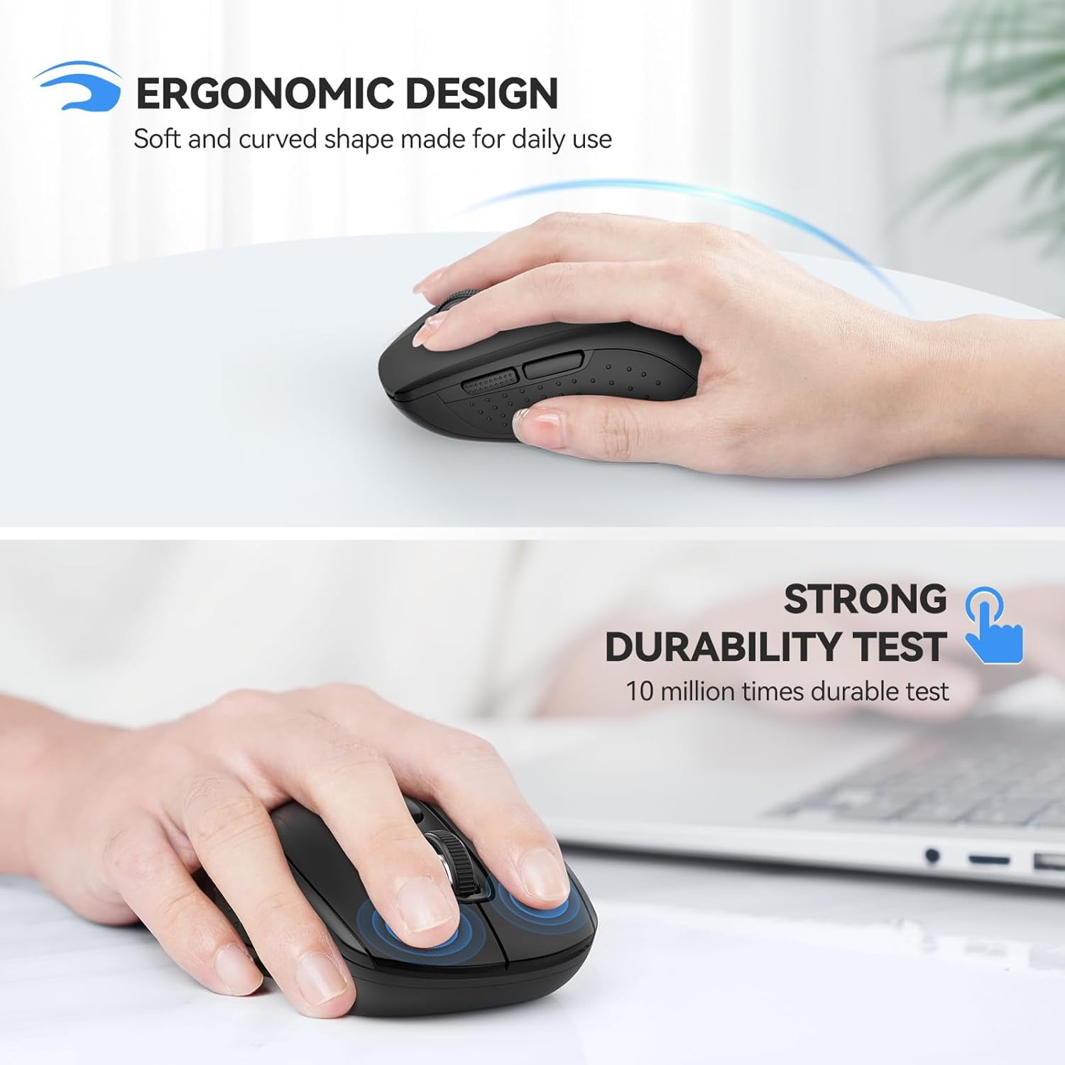 Bluetooth Mouse, 4000DPI Wireless Mice for Laptop 2-in-1(BT 5.0/3.0+2.4Ghz) Computer Portable PC Mouse Wireless with USB Receiver for Mac (USB-A+Bluetooth, Black)