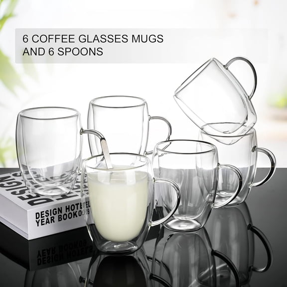 12oz Double Wall Coffee Mug Set, 6-Piece Clear Borosilicate Glass Cups with Handles, Heat Resistant Espresso, Latte, Cappuccino, Tea Cups, Ideal for Home or Office