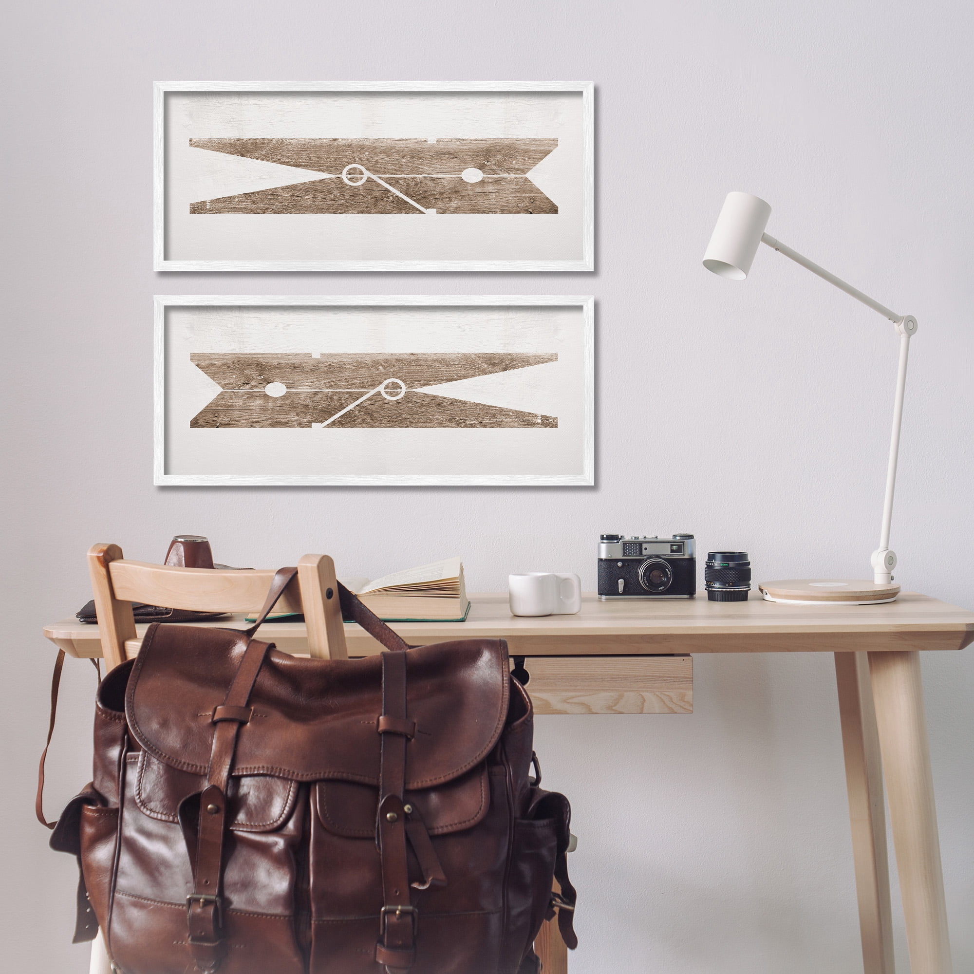Stupell Industries Minimal Laundry Clothespins Abstract Painting White Framed Art Print Wall Art, 24 x 10, Set of 2