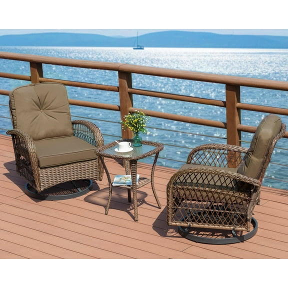 Amolife 3 Pieces Wicker Patio Furniture Set, Bistro Set with Outdoor Swivel Rocking Chair and Coffee Table, Khaki