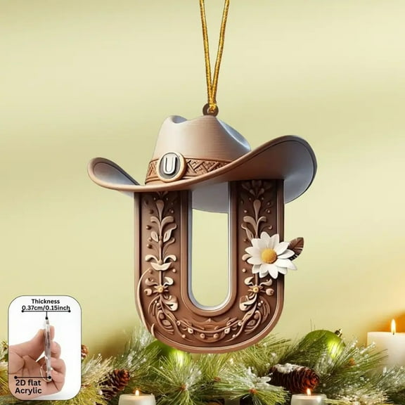 Western Cowboy Style Acrylic Letter Pendants - Assorted Alphabet Christmas Tree Ornaments with Cowboy Hats & Floral Details, Festive Holiday Decor Gifts