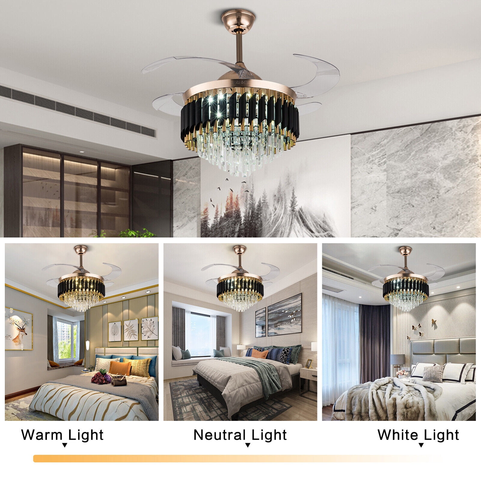 42 inch Modern Crystal Ceiling Fan with Light and Remote, Luxury 4-Blades Indoor Retractable LED Chandelier Ceiling Light Fixture for Living Room Bedroom Black and Gold