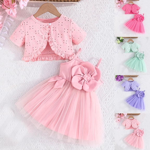 Swuxness Girls 2-Piece Outfits Suits Short Sleeve Hollow Jacket with Mesh Cami Dress Summer Wear