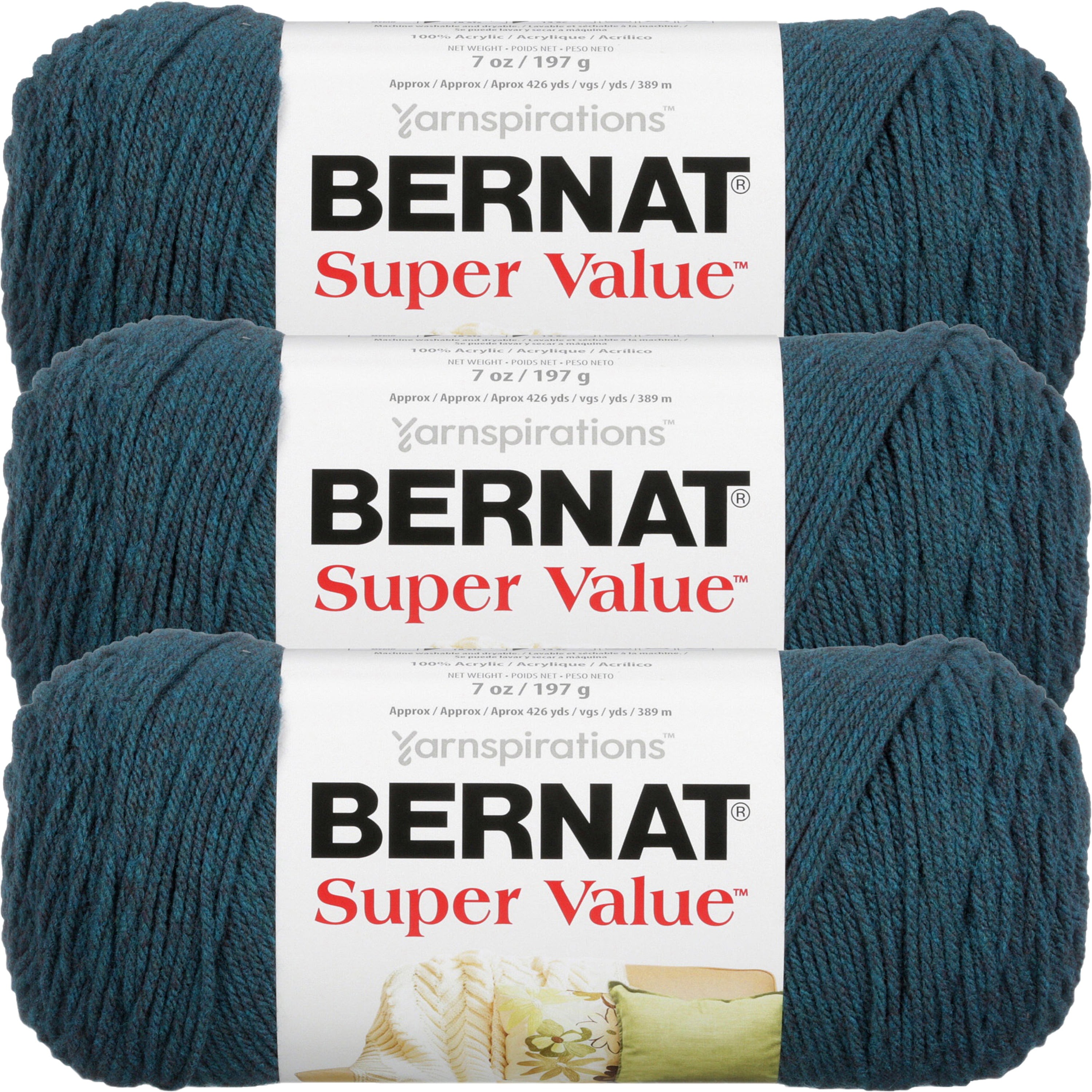 Bernat Super Value Solid Yarn-Teal Heather, Multipack Of 3