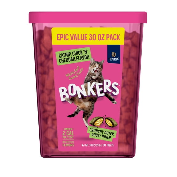 BONKERS Bites Catnip & Chick 'N' Cheddar Flavor Crunchy & Soft Treats for Cats, 30oz Tub