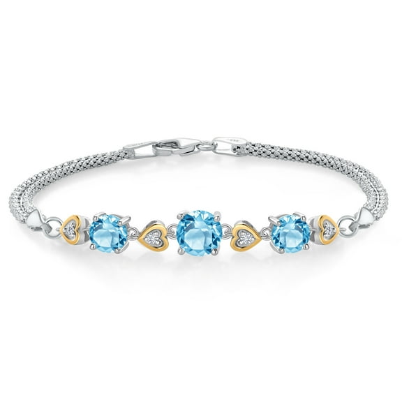 Gem Stone King 925 Sterling Silver and 10k Yellow Gold Swiss Blue Topaz and White Lab Grown Diamond Bracelet for Women (3.73 Cttw, Round 7MM and 6MM, 6.5/7/7.5 inch, Made in Italy)
