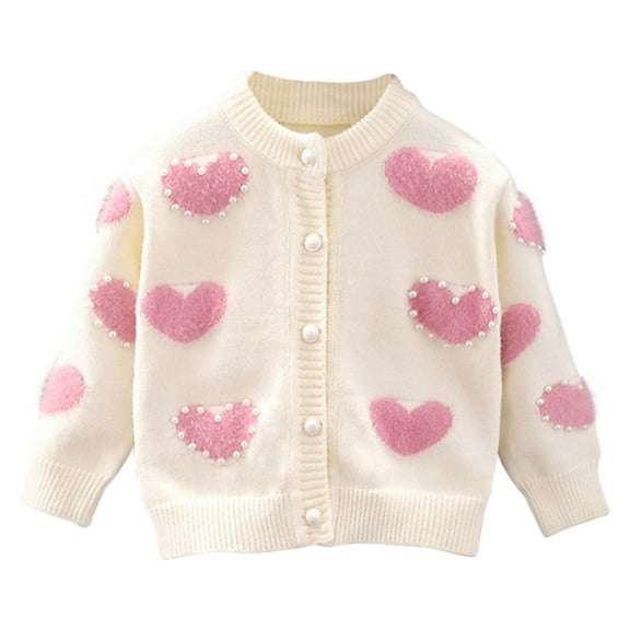 Odeerbi Kids Girls Knit Cardigan Sweater Fall Winter Thermal Sweater 1-8 Years Patchwork Heart-shaped Loose Button Up Long Sleeve Sweater Cardigan Kids Clothes Beige