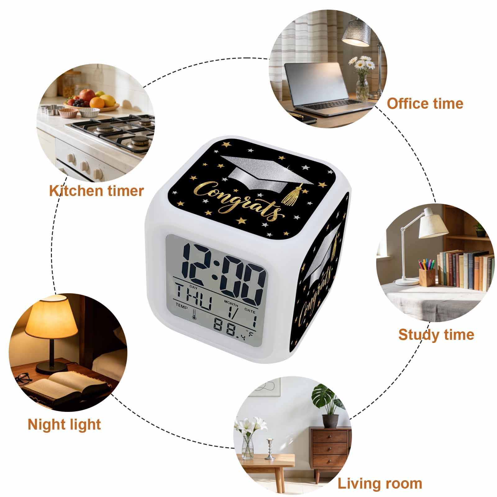 Alarm Clocks Congrats Bachelor's Hat Digital Clock 7 Color LED Night Light Silent Non-Ticking Battery Operated Stars Graduate Season Cube Clocks for Bedroom Bedside Living Room Office School