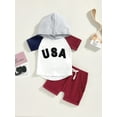 thumbnail image 2 of Bagilaanoe 4th of July Clothes for Toddler Baby Boys Short Sleeve Letter Print Hooded Tops + Shorts 6M 12M 18M 24M 3T Kids Independence Day Outfits 2pcs Short Pants Set, 2 of 9