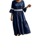 thumbnail image 2 of QUNYINEY Casual Women's Dresses Faux Cotton Linen 3/4 Sleeve Long Blue A Line Dress Flowy Lace Loose Fit Crew Neck Dresses, 2 of 8