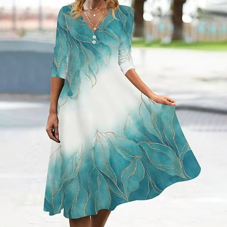 

STEADY Bra for Backless Dresses Women s Casual Floral Print Wavy V-Neck Button 3/4 Sleeve Spring Autumn Dress Cyan/4XL on Clearance