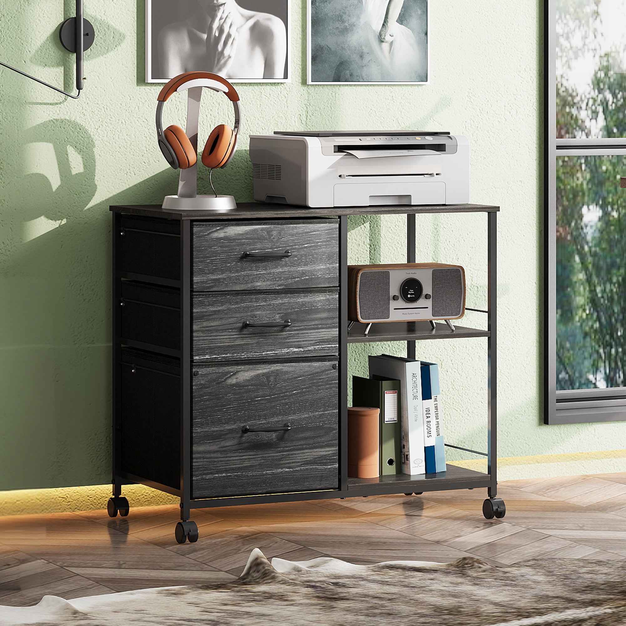 GALAXHERO 3 Drawer File Cabinets, Mobile Printer Stand with Storage Shelf for Home Office/Letter/A4, Charcoal Black
