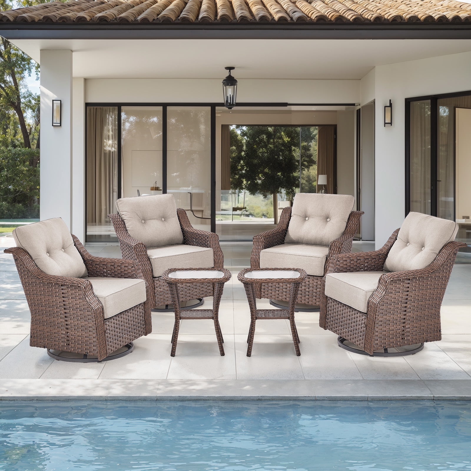 Bellefurn Outdoor Patio Swivel Rocker Patio Chairs with 6" Thick Cushion and Side Table,Rattan Patio Swivel Glider Chairs Outdoor Furniture Set Conversation Set for Porch,Deck,Yard