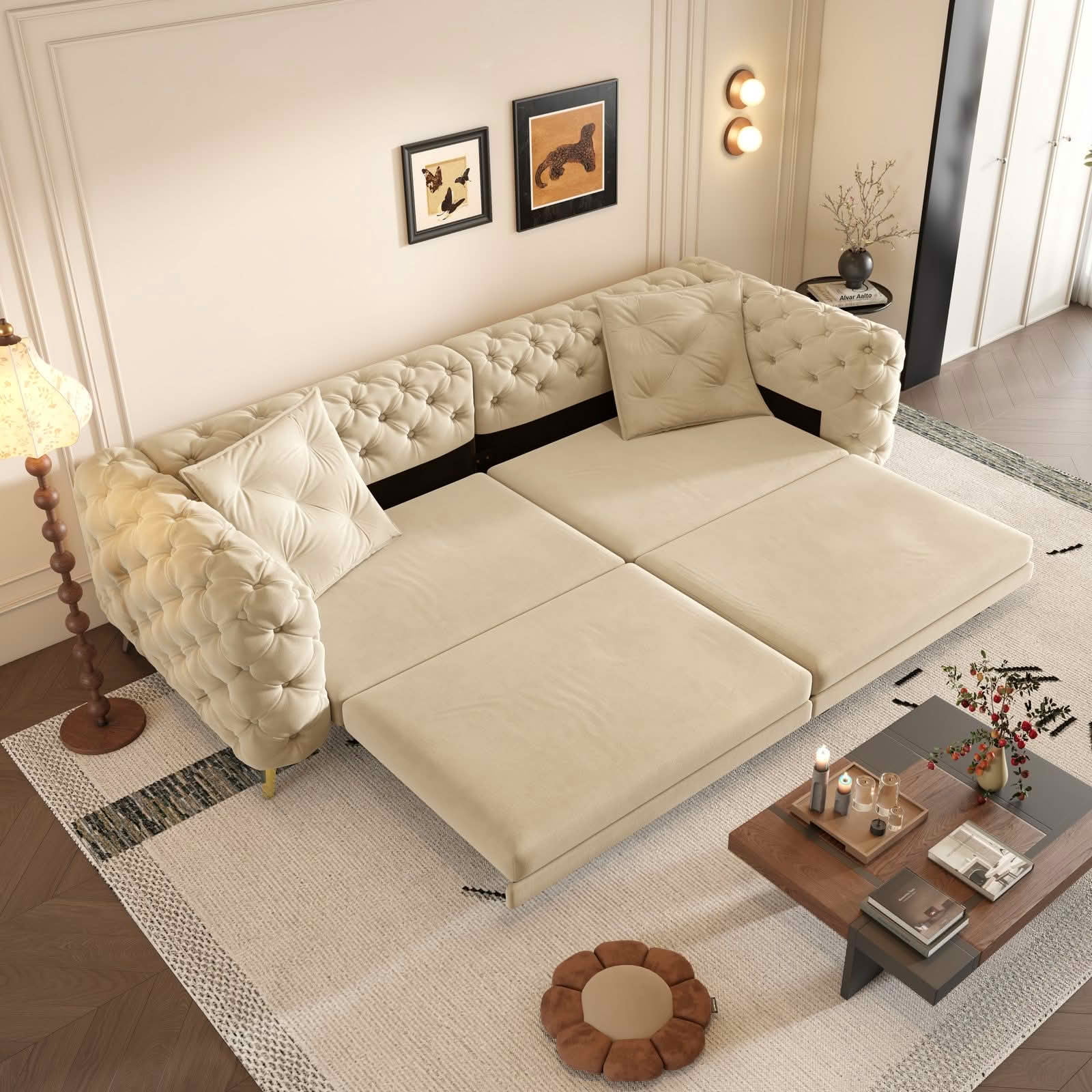 MAYEERTY 97.7" 3‑in‑1 Convertible Sleeper Sofa Bed, Deep‑Seat Tufted Velvet 4‑Seater Couch with Movable Ottoman, 2 Pillows Included