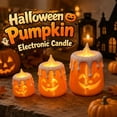 thumbnail image 2 of Izexuh 3 Piece Pumpkin Face Candle Holder Set, Halloween Table Decor, Battery Operated LED Lamp Ornament with Warm Glow for Centerpiece Shelf Display, 2 of 7