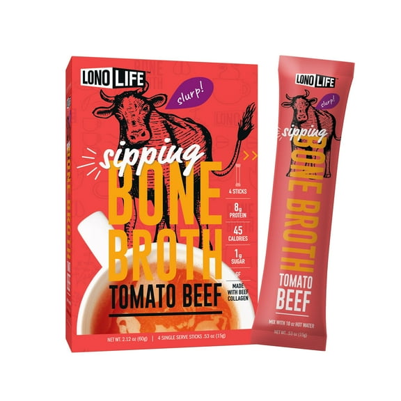 LonoLife Tomato Beef Bone Broth Powder Mix | Grass-Fed, 10g Protein | Collagen-Rich, Keto & Paleo Friendly | Natural Ingredients | 4 Portable Stick Pack Servings