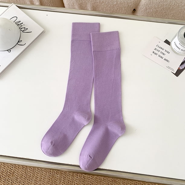 Xiao Hua 3 pares de calcetines casuales de tubo de algodón hasta la rodilla para mujer, de punto liso, largos hasta la rodilla, regalo para toda la temporada, elásticos, suaves (morados)