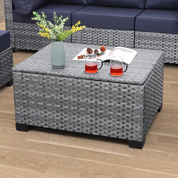 EnjinZZ Outdoor PE Wicker Coffee Table - Resin Rattan Patio Table Garden Furniture Backyard Storage Table with Waterproof Lining Bag, Grey
