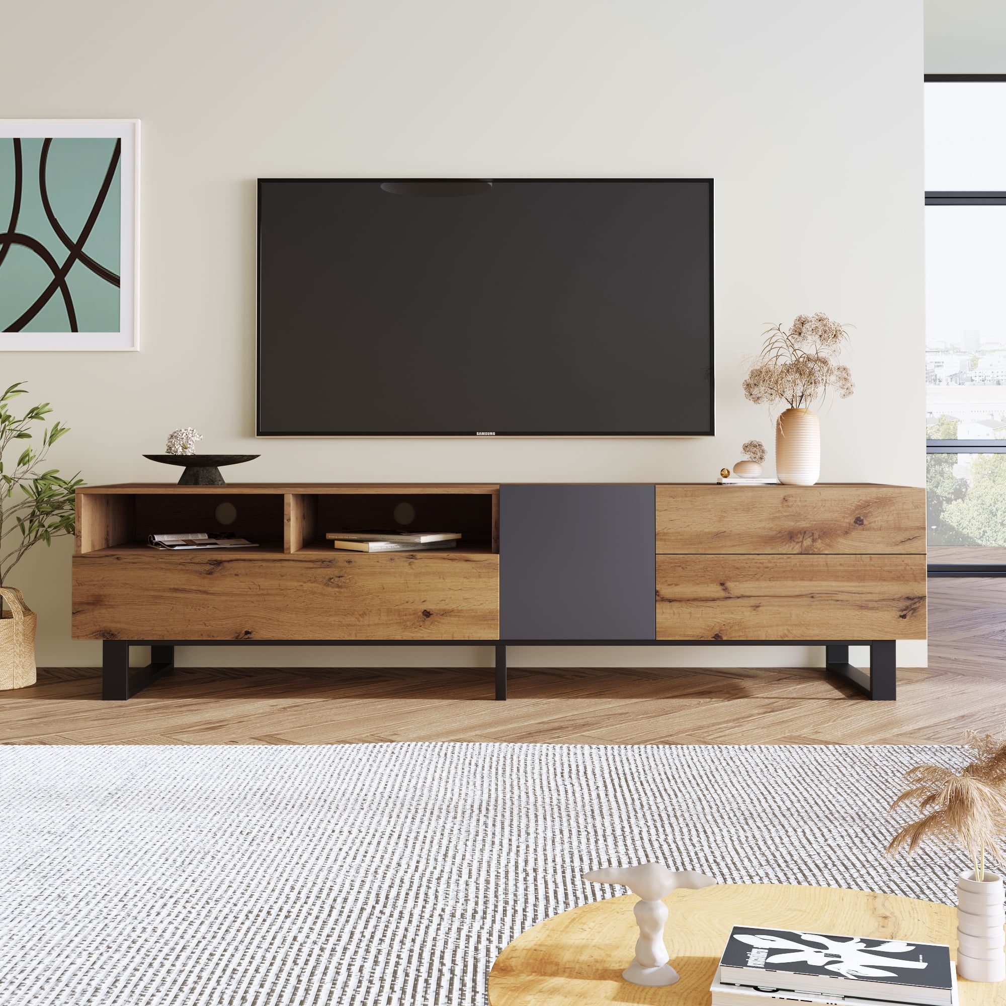 Harper & Bright Designs TV Stand for 80'' TV Stand, Media Console Table, Entertainment Center with Drop Down Door for Home Theatre, Wood