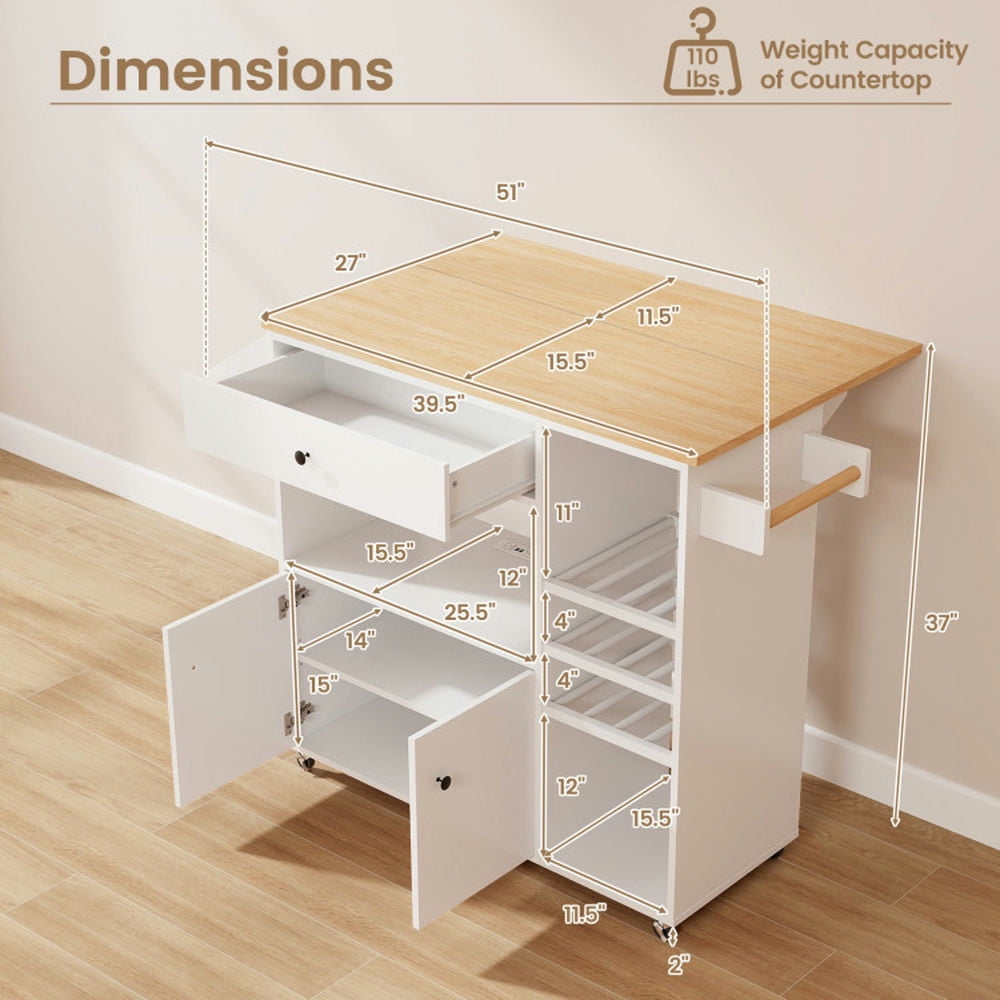 Finihen Rolling Cart, Kitchen Island Cart, Drop Leaf Mobile Kitchen Island Cart with Power Outlet and Adjustable Shelf, for Kitchen, Dining Room, White Finihen Rolling Cart, Kitchen Island Cart, Drop Leaf Mobile Kitchen Island Cart with Power Outlet and Adjustable Shelf, for Kitchen, Dining Room, White