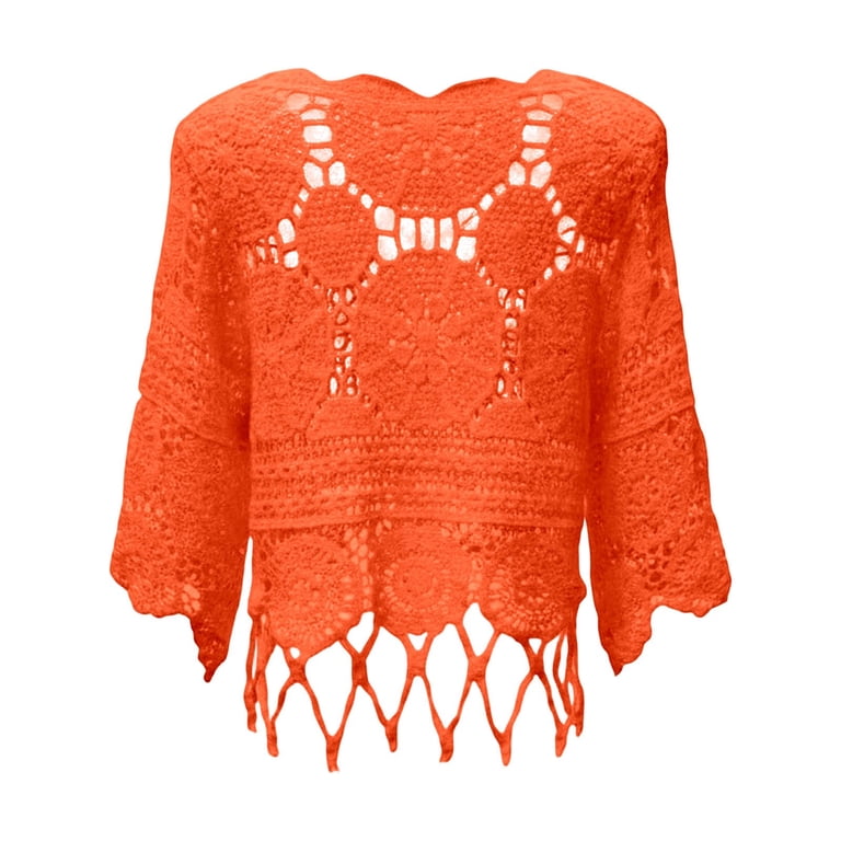 LILIYA Womens Crochet Hollow Out Knit Tops 3/4 Sleeve Crew Neck