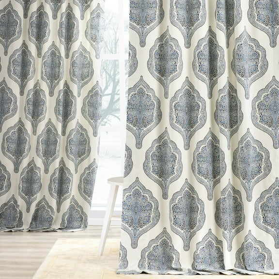 Arabesque Blue Printed Cotton Twill Curtain (1 Panel), Arabesque Blue, 50W X 108L