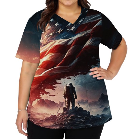 Iaqnaocc Patriotic Scrubs for Women 4th of July American Flag Nursing Uniform Trendy V-Neck Side Slits Scrub Tops July 4th Celebration Short Sleeve Nursing Scrubs with Pockets Red 4XL