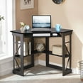 thumbnail image 1 of VECELO Corner Computer Desk with Keyboard Tray and Storage Shelf, Home Office Study Workstation Table , Black, 1 of 7