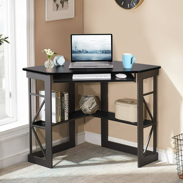 VECELO Corner Computer Desk with Keyboard Tray and Storage Shelf, Home Office Study Workstation Table , Black