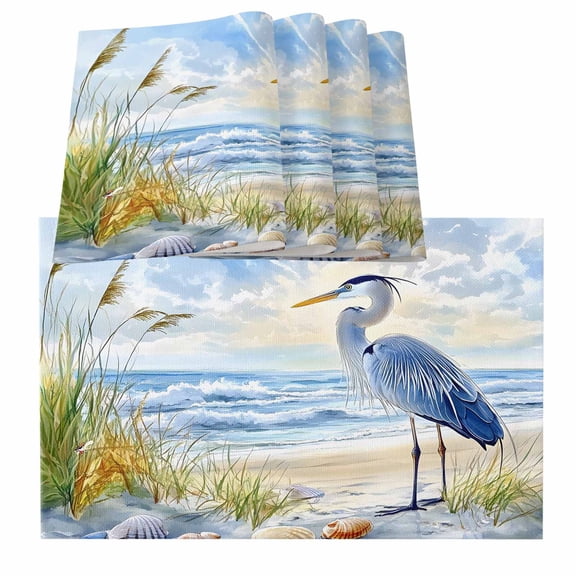 Coastal Birds Placemats for Dinning Table Set of 6, Blue Sky Heron Seabird Tropical Beach Burlap Kitchen Place Mats Waterproof Cloth Table Mats, Indoor Outdoor Placemats Easy Clean Dinner Decor