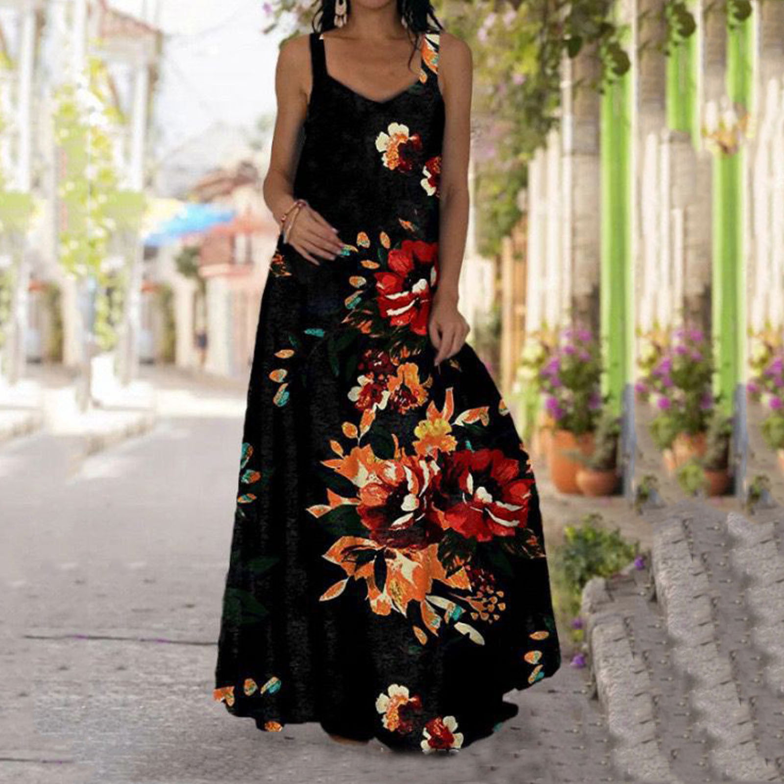 DONTAL Vintage Women Plus Size Bohemian O-Neck Floral Print Sleeveless Long Maxi Dress 