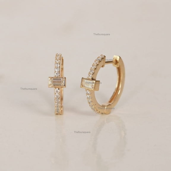 Baguette Diamond Hoop Earrings, 14k Gold Plated Diamonds Earrings, Wedding Huggies, Anniversary Gift, Dainty Huggie Gift