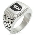 thumbnail image 1 of Stainless Steel Angel Divinity Coat of Arms Shield Geometric Pattern Step-Down Biker Style Polished Ring, 1 of 1