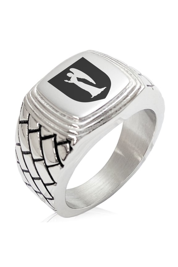 Stainless Steel Angel Divinity Coat of Arms Shield Geometric Pattern Step-Down Biker Style Polished Ring