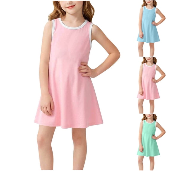 FRSASU Girl's Sleeveless Summer Tank Dress Crew Neck Casual Solid Color Beach Vacation Sundress Pink-A