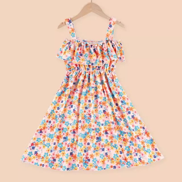 Robe Fille Tout-Petit Bretelles Spaghetti Robe Évasée à Volants Robe d'Été Robes de Dessin Animé pour Filles Robe d'Anniversaire Tout-Petit