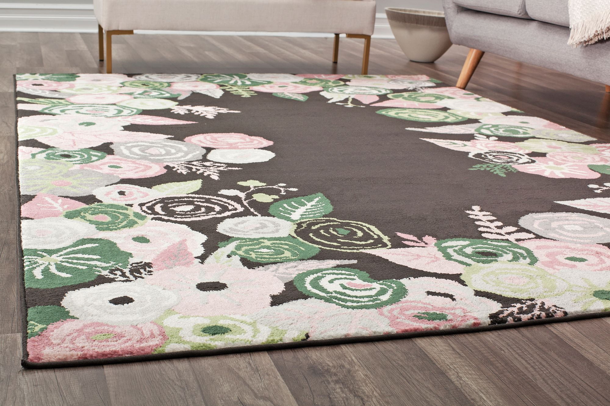 Rugs America Hanna VA35C Royal Blossom Pink Onyx Floral Transitional Black Area Rug, 9'x12'