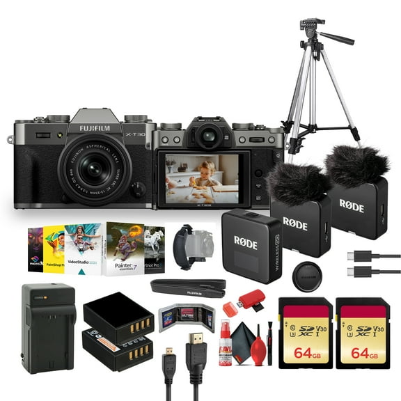 FUJIFILM X-T30 III Mirrorless Camera with 13-33mm f/3.5-6.3 Lens (Charcoal Silver) Bundle With RODE Wireless GO (Gen 3) 2-Person Compact Microphone   64GB Memory Card   Tripod   Cleaning Kit   More