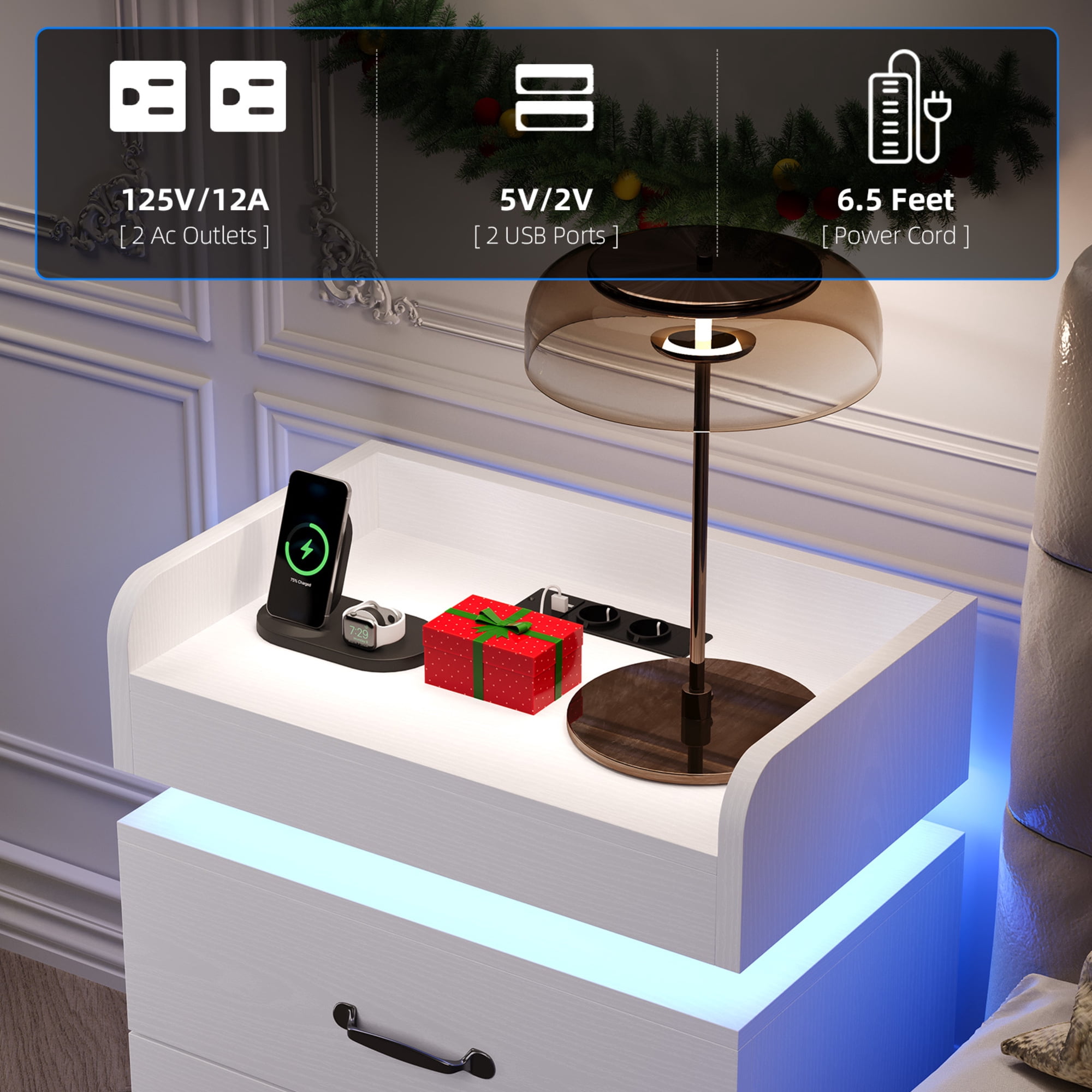 LED Nightstand, Modern White Night Stand End Tables with Charging Station & LED Lighting, 2 Drawers, Open Shelf Storage, Bedside Tables for Bedroom & Living Room
