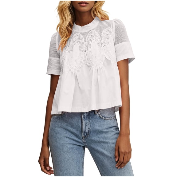 Guluxicc Women's Lace Shirts Loose Short Sleeve Mock Neck Basic Tops for Summer Casual Outfits