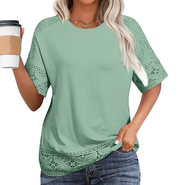TACILIP Hauts en Lin pour Femmes, T-Shirts à Manches Courtes en Dentelle, Col Rond Décontracté, Blouses de Travail Décontractées, Tenues d'Été