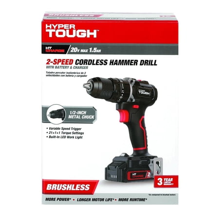 HYPER TOUGH 20V BRUSHLESS 1/2-INCH 2-SPEED CORDLESS HAMMER DRILL BATTERY & CHARGER