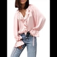 thumbnail image 2 of Camisa Informal de Larga con Volantes para Mujer, Blusa de Satén de Seda para Trabajo, Ropa de y Otoño Rosa XL, 2 of 9