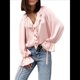 thumbnail image 2 of Camisa Informal de Larga con Volantes para Mujer, Blusa de Satén de Seda para Trabajo, Ropa de y Otoño Rosa M, 2 of 9