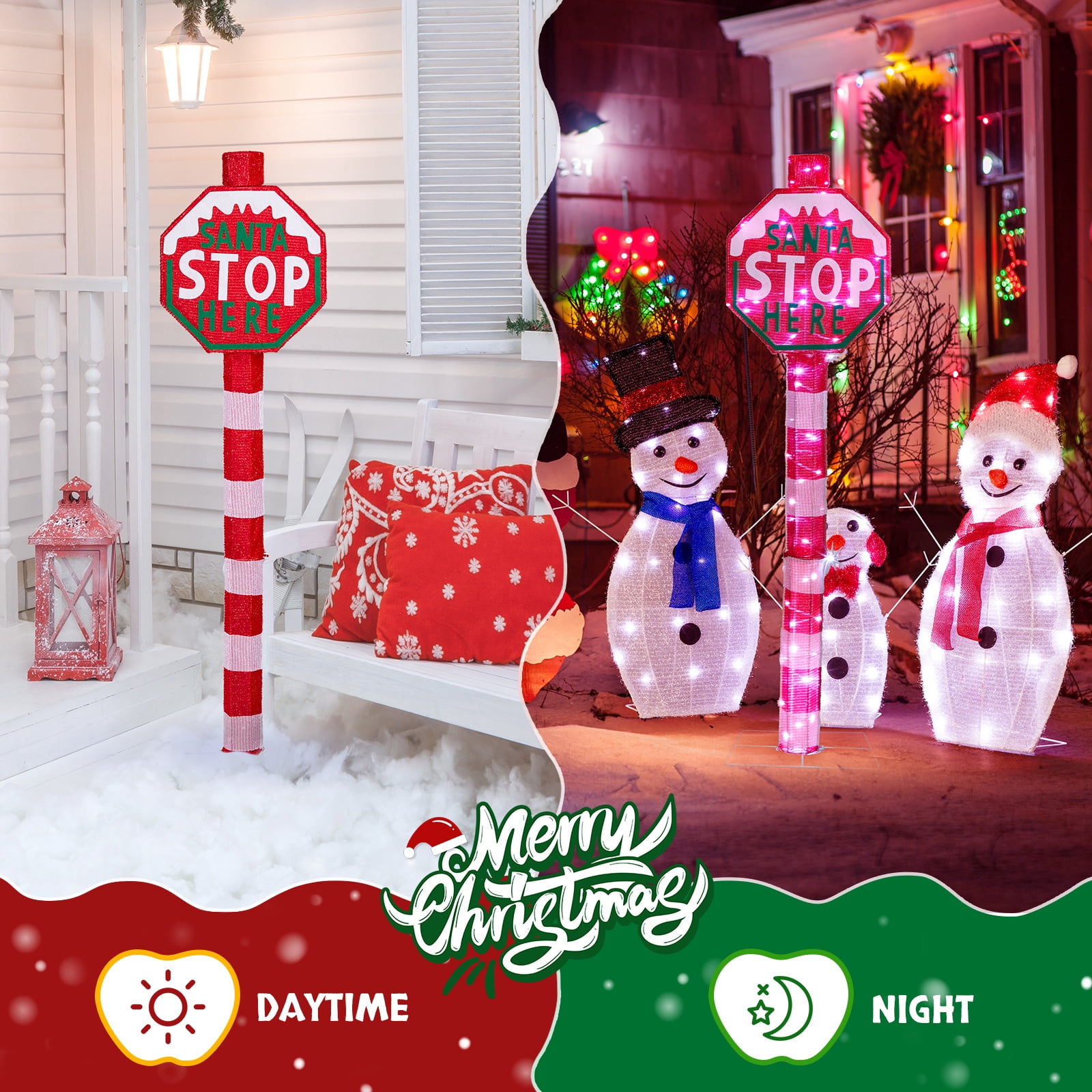 Lighted STOP Sign Christmas Yard Decorations, Pre-lit Road Sign SANTA STOP HERE with 70 LED White Lights and Stakes for Outdoor Indoor Holiday Decor
