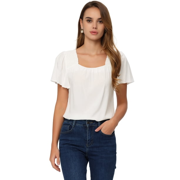 Blusa informal con fruncido para mujer, cuello cuadrado, volantes, manga acampanada, parte superior suelta blanco XL