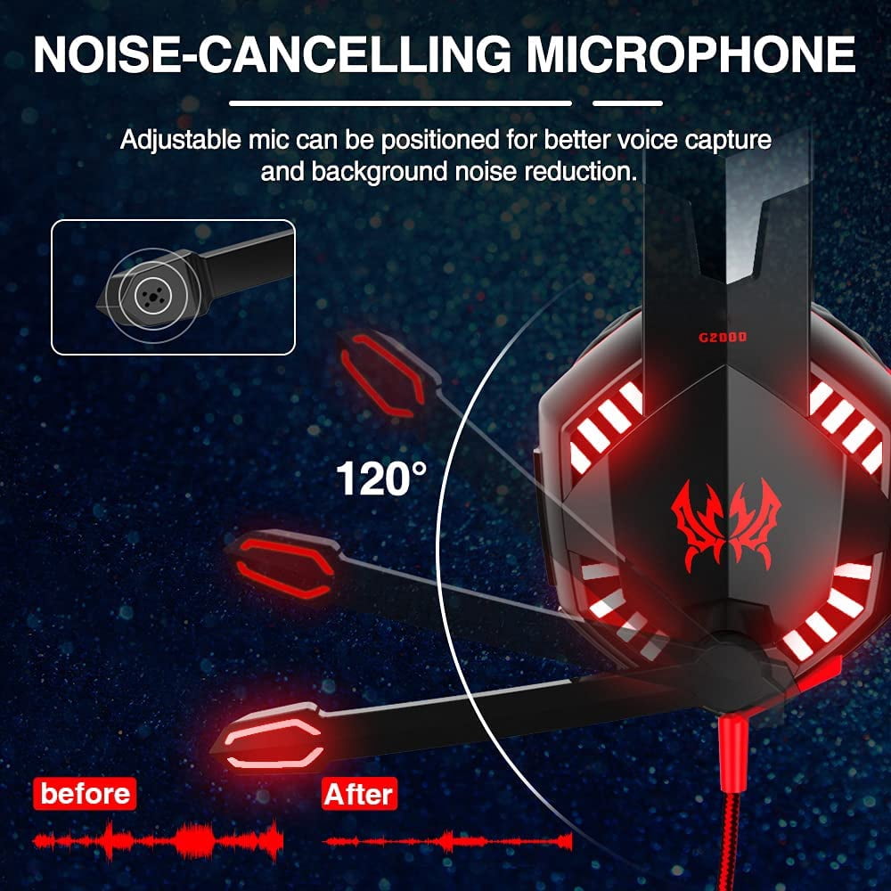 SPBPQY G2000 Gaming Headsets, Surround Stereo Gaming Headphones with Noise Cancelling Mic, LED Lights for P5/ P4/PC- Red