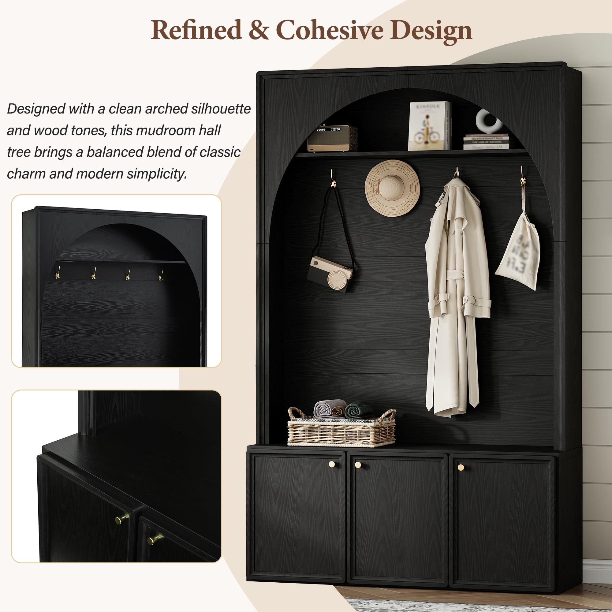 T-Foyer Farmhouse Black Hall Tree with 4 Hooks & 3 Cabinets, Wooden Rustic Entryway Organizer with Open Storage