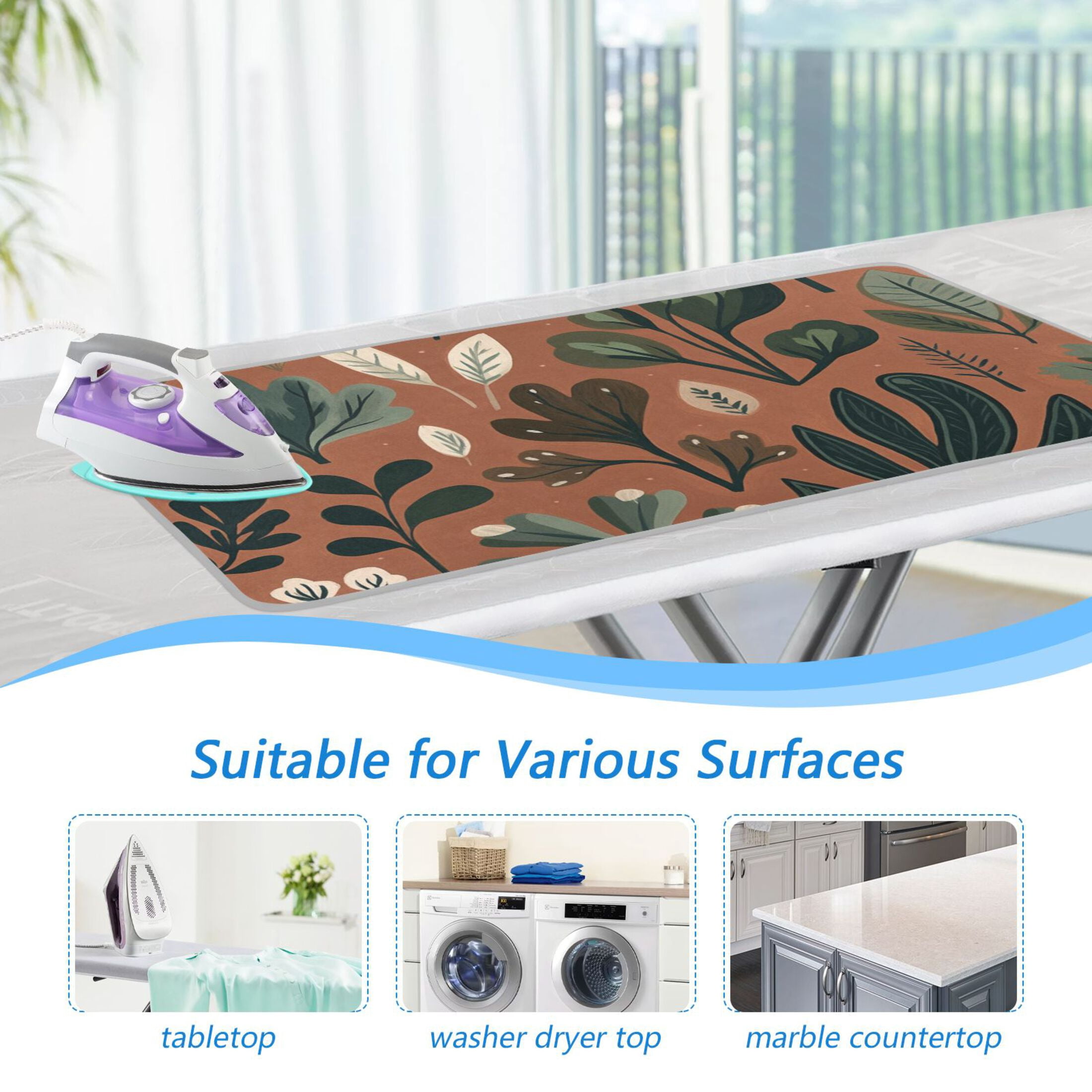 Foliage Design on Brown Ironing Mat Blanket for Table Top Travel Portable Ironing Board Pad 47.2x27.6 Inch